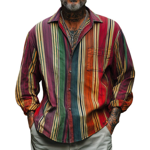 Men's Casual Avant-garde Colorful Striped Long-sleeved Lapel Shirt 00278110F