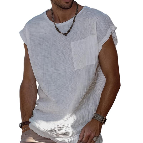 Men's Cotton And Linen Solid Round Neck Sleeveless Breast Pocket T-shirt 10413484Z