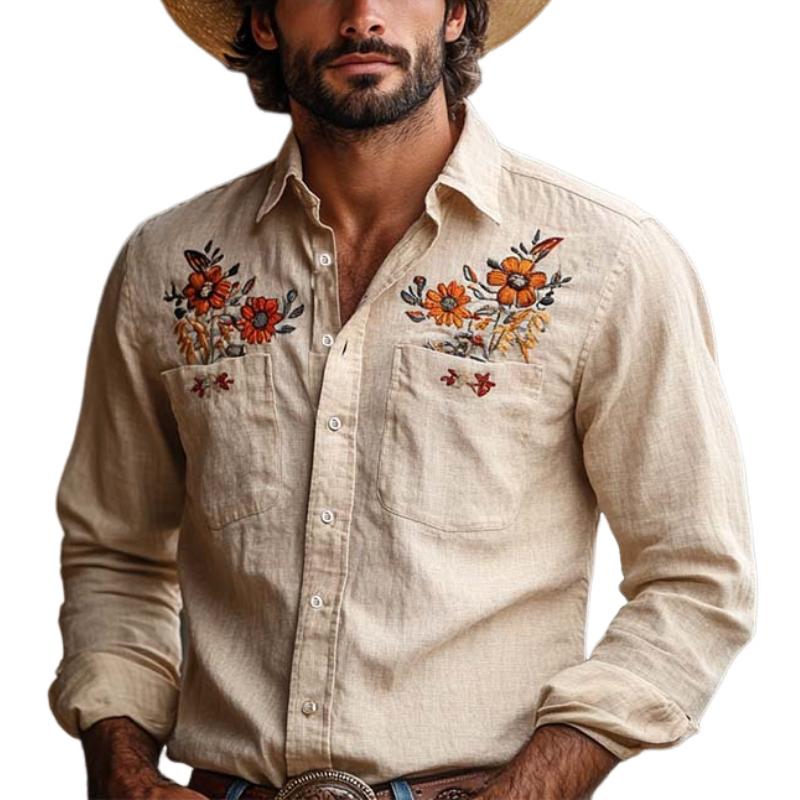 Men's Classic Vintage Embroidered Linen Long Sleeve Shirt 45696862K