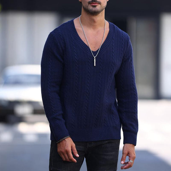 Men's Solid Color Knitted V-Neck Sweater 00387998Y