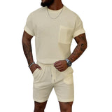 Men's Solid Waffle Round Neck Short Sleeve T-shirt Shorts Set 27389953Z