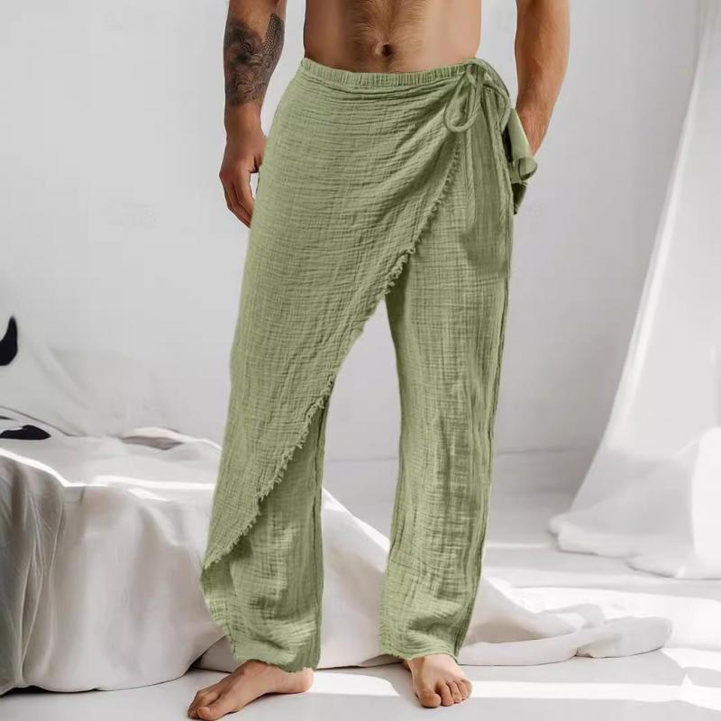 Men's Casual Linen Asymmetric Lace-Up Pants 15764668Y