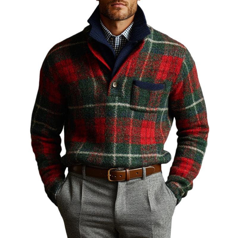 Men's Vintage Christmas Plaid Knit Double Collar Sweater 96650060Y