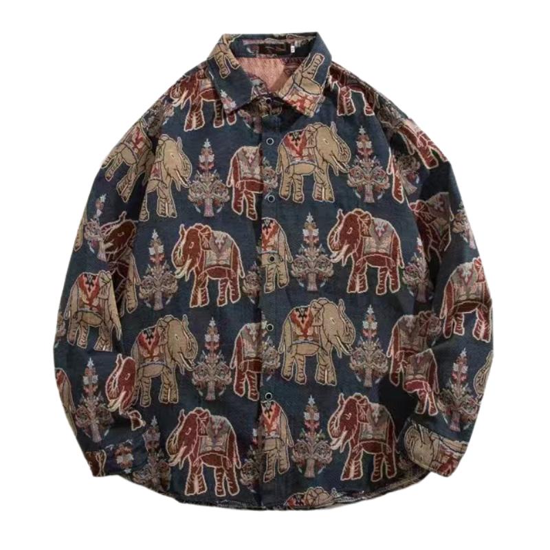 Men's Vintage Print Lapel Long-sleeved Shirt 32368091F