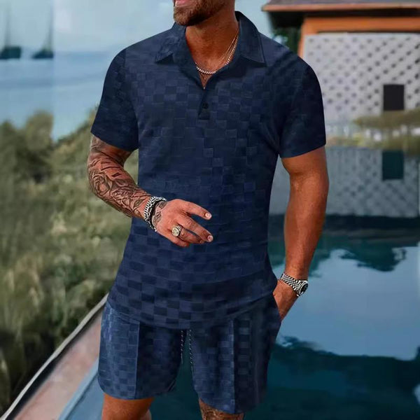 Men's Casual Checkerboard Lapel Short-Sleeved Polo Shirt And Shorts Set 84875298Y
