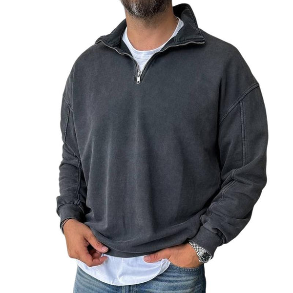 Men's Retro Casual Solid Color Washed Zipper Sweatshirt 52737094TO