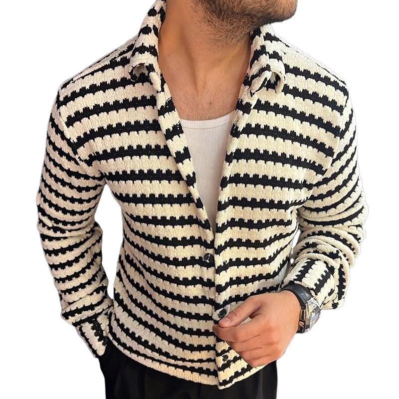 Men's Retro Casual Simple Knitted Striped Lapel Cardigan 70890633TO