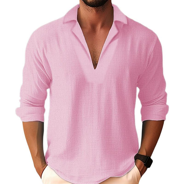 Men's Casual Solid Color V-Neck Lapel Long Sleeve Shirt 66765855Y