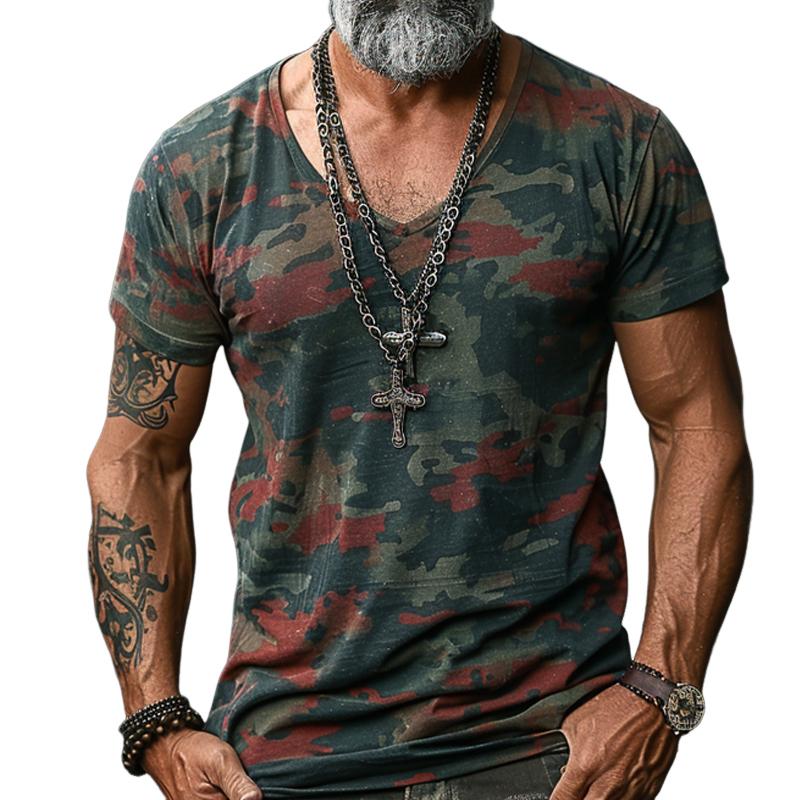 【24-Stunden-Versand】 Herren-T-Shirt mit Camouflage-Print und V-Ausschnitt, kurzärmlig, 63751502Y