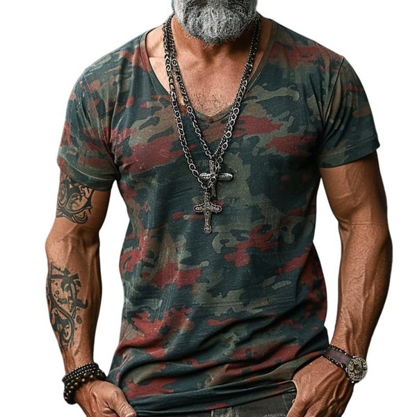 Men's Camouflage Print V-Neck Short Sleeve T-Shirt 63751502Y