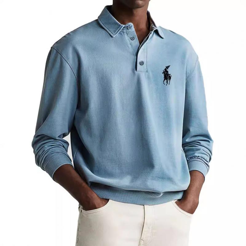 Men's Solid Color Loose Lapel Long Sleeve Polo Shirt 47320003Z