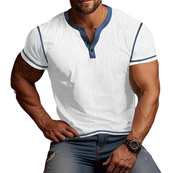 Men's Vintage Colorblock Waffle Henley Neck Short Sleeve T-Shirt 36300260M
