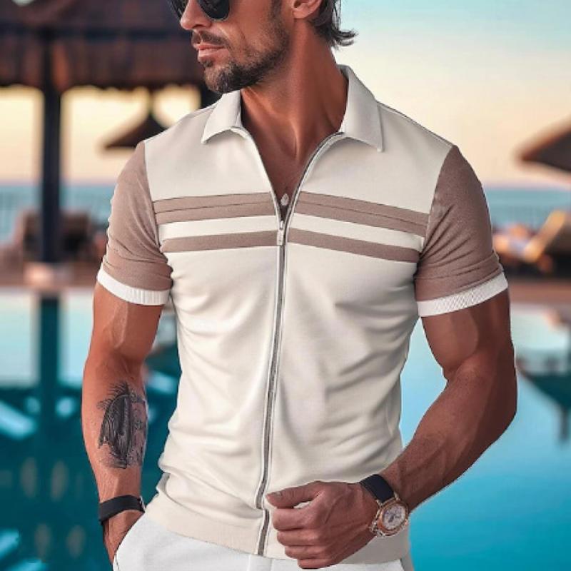 Men's Casual Contrast Lapel Zipper Slim Fit Short Sleeve Polo Shirt 91340548M