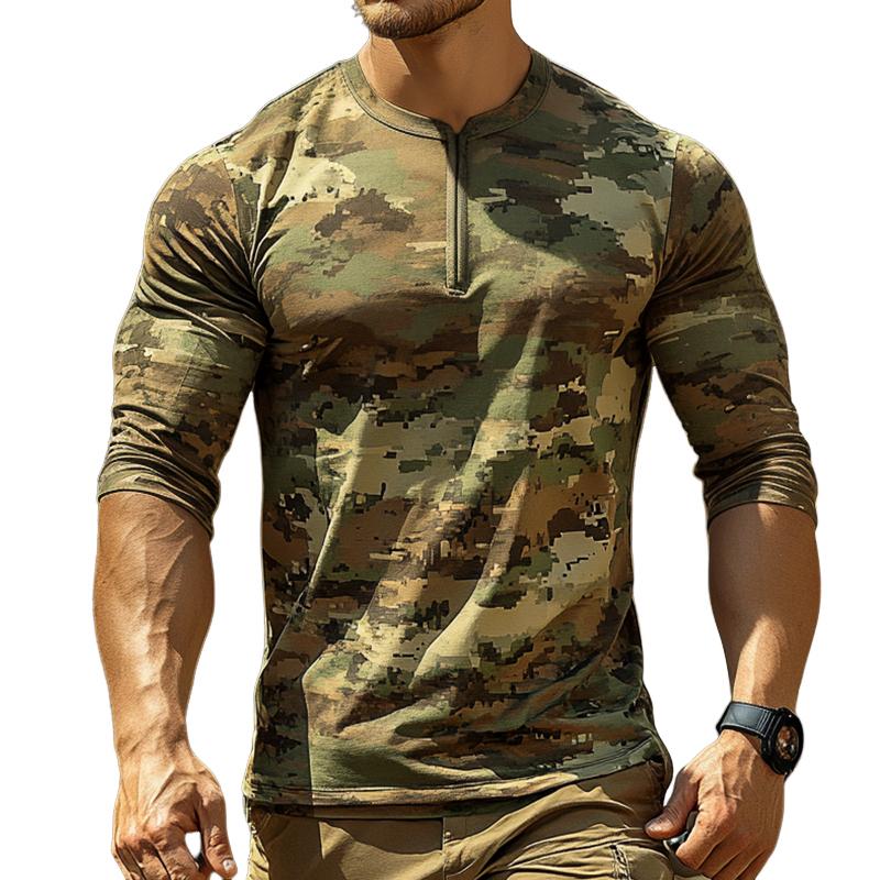 Men's Retro Casual Camouflage Print Zipper Neck Long Sleeve T-Shirt 45113672TO