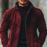 Men's Vintage Classic Stand Collar Thigh-Length Pocket Zipper Suede Coat 38493691K