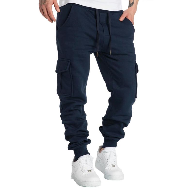 Men's Solid Fleece Multi-pocket Elastic Waist Sports Trousers 90538121Z