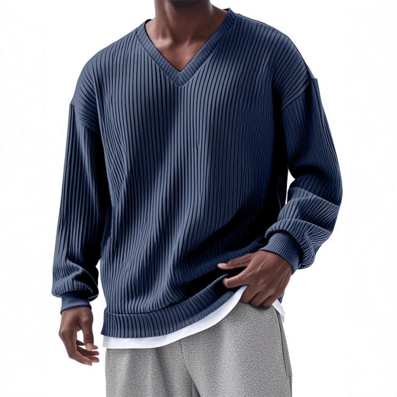 Men's Casual V-neck Striped Loose Long Sleeve T-shirt 54180863M