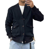 Men's Casual Fleece V-neck Single-breasted Large Pocket Loose Jacket 22625814M