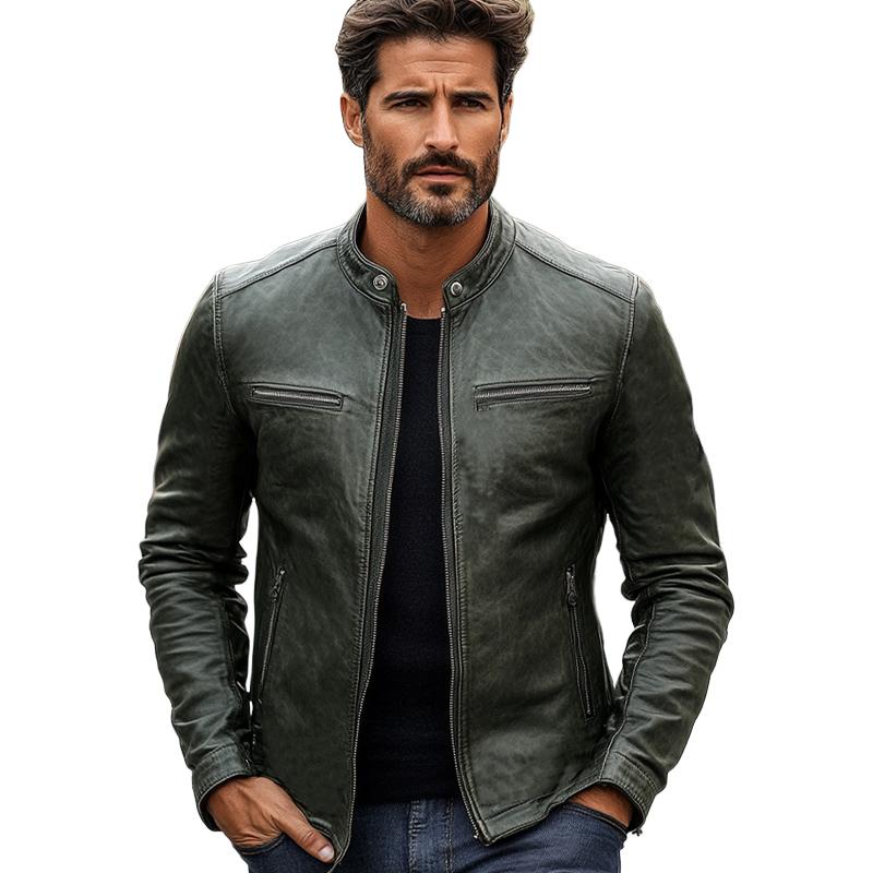 Men's Dark Green Vintage Zipper Leather Jacket 83993967U