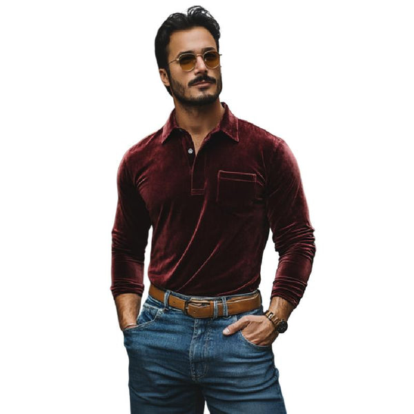 Men's Casual Velvet Lapel Slim Fit Long Sleeve Polo Shirt 66406878M