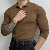 Men's Solid Striped Lapel Long Sleeve Casual Polo Shirt 78081957Z
