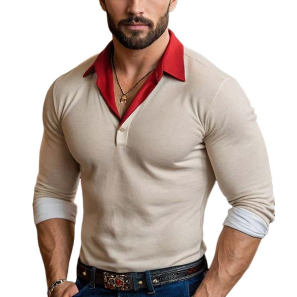 Men's Classic Retro Casual Patchwork Color Lapel Long-sleeved Polo Shirt 60894877K