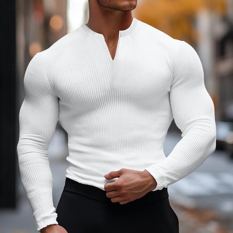 Men's Fashion Solid Color Waffle Slim Fit Long Sleeves T-Shirt 02734665Y