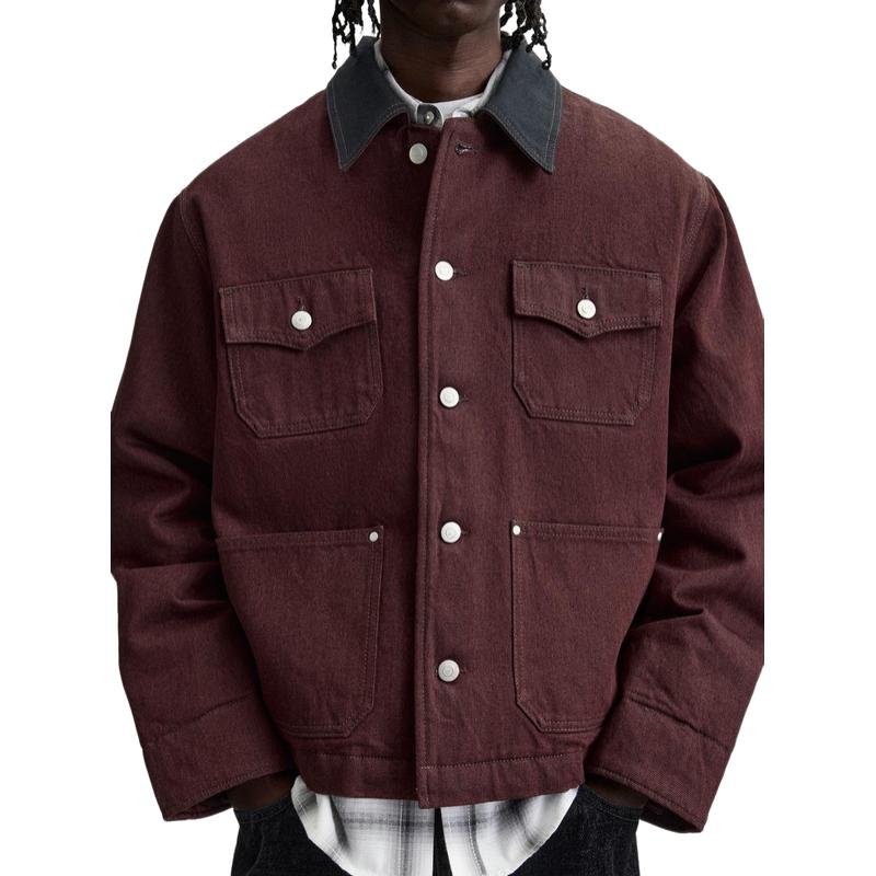 Men's Stylish Burgundy Lapel Canvas Jacket 56577961F