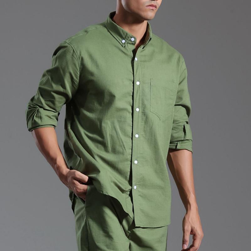 Men's Solid Loose Cotton And Linen Lapel Long Sleeve Shirt 68625339Z