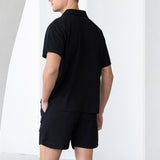 Men's Solid Waffle Lapel Short Sleeve T-shirt Shorts Casual Set 74054150Z