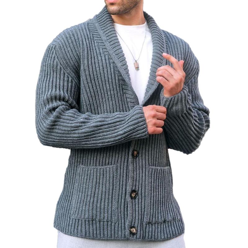 Men's Solid Lapel Long Sleeve Single Breasted Knit Cardigan 02144125Z
