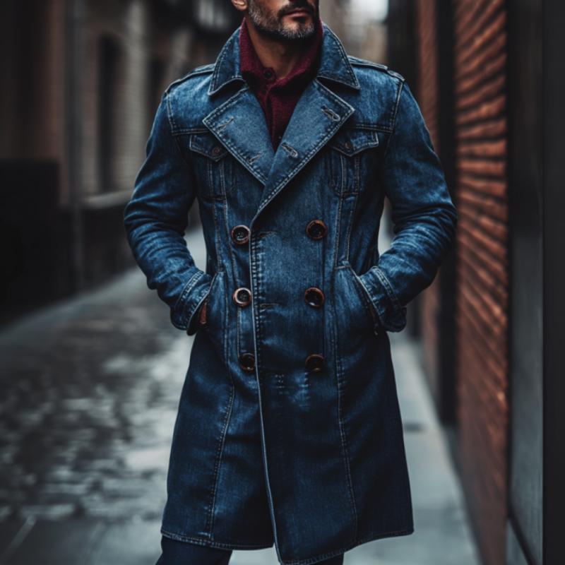 Men's Vintage Washed Distressed Notch Lapel Double-breasted Knee-length Denim Coat 10915763M