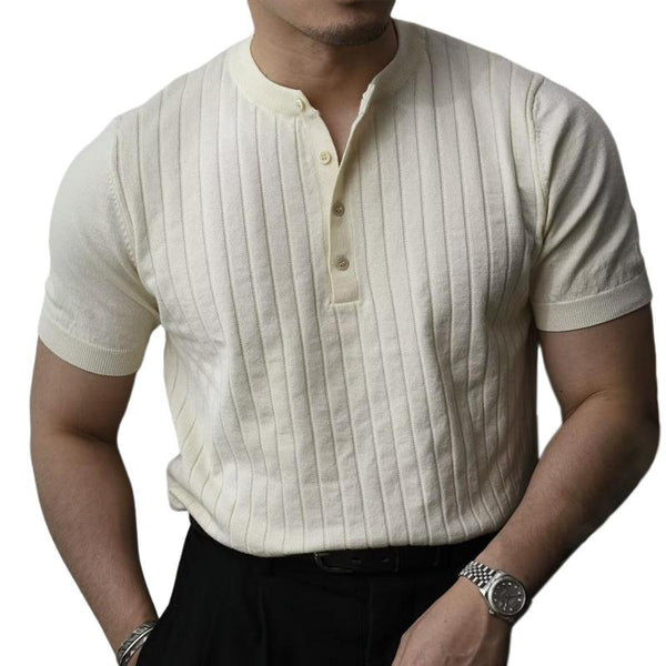 Men's Solid Knitted Striped Henley Collar Short Sleeve T-shirt 32743562Z