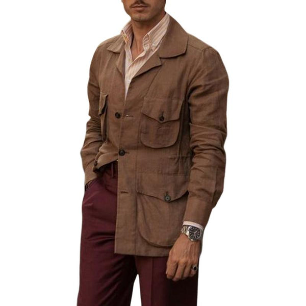 Men's Casual Linen Lapel Single Breasted Slim Fit Safari Jacket 85825776M