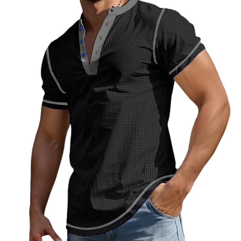 Men's Color Block Henley Neck Short Sleeve T-Shirt 05021048Y