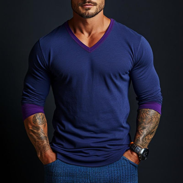 Men's V-neck Casual Long-sleeved Bottoming T-shirt 66596706F