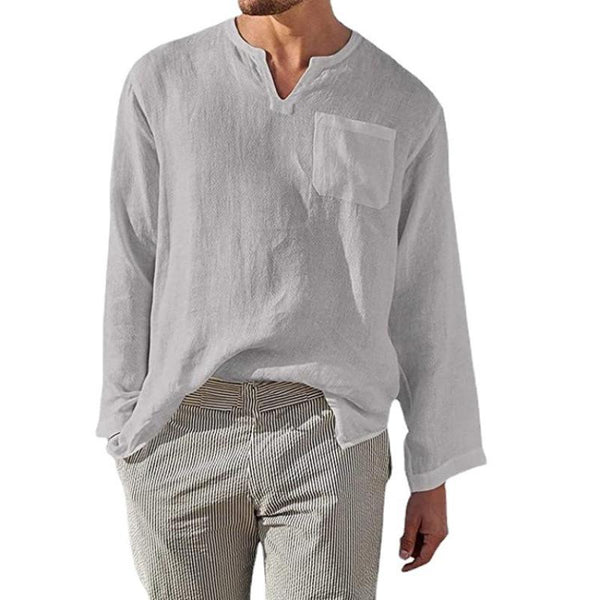 Men's Classic Casual V-Neck Cotton and Linen Long Sleeve Shirt 89901691K