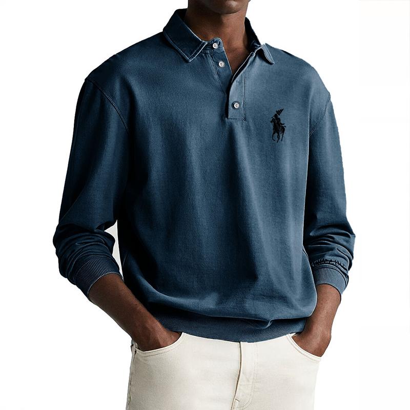 Men's Solid Color Loose Lapel Long Sleeve Polo Shirt 47320003Z