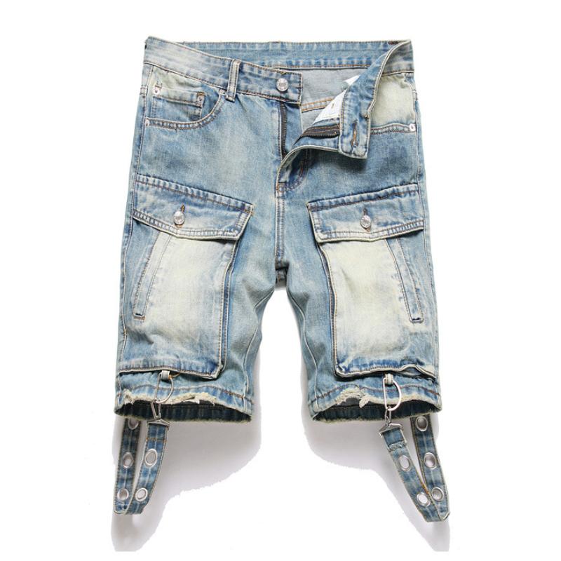 Men's Fashion Washed Multi-Pocket Loose Straight Denim Shorts 51613358M