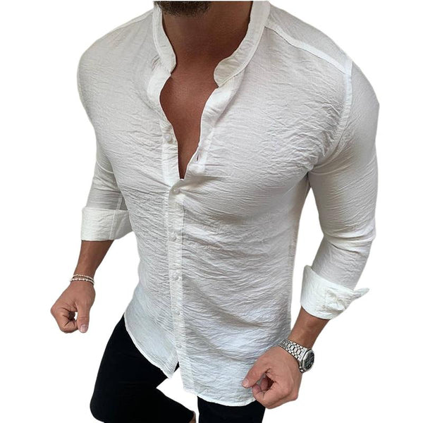 Men's Retro Casual Solid Color Stand Collar Long Sleeve Shirt 71764132TO