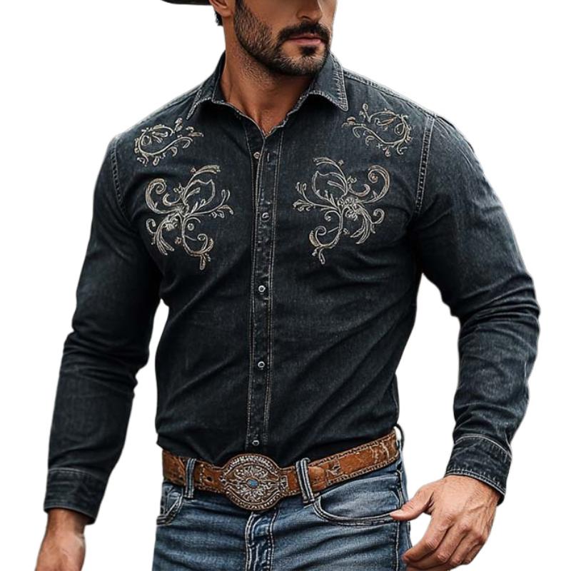 Men's Classic Retro Western Cowboy Style Embroidered Long Sleeve Denim Shirt 05541964K