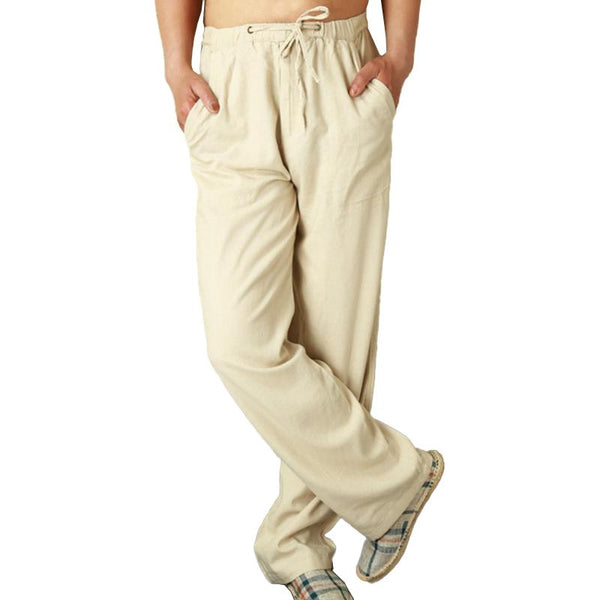 Men's Solid Loose Linen Drawstring Elastic Waist Casual Pants 17384655Z