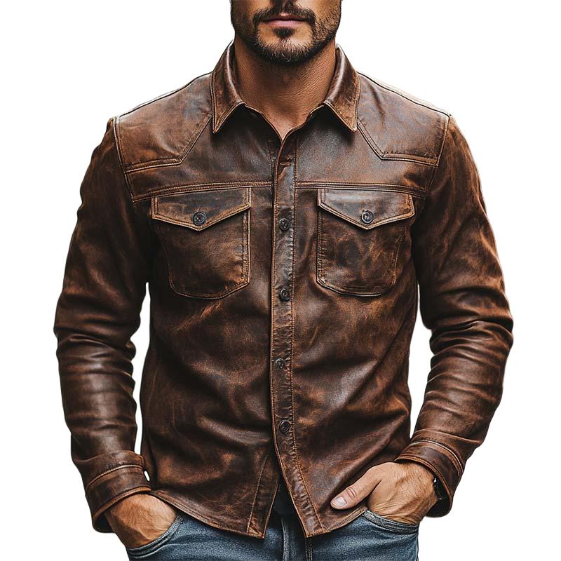 Men's Classic Casual Slim Fit Leather Long Sleeve Shirt 41937915K