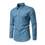 Men's Vintage Lapel Flap Pocket Slim Fit Single Breasted Denim Long Sleeve Shirt 46084071M