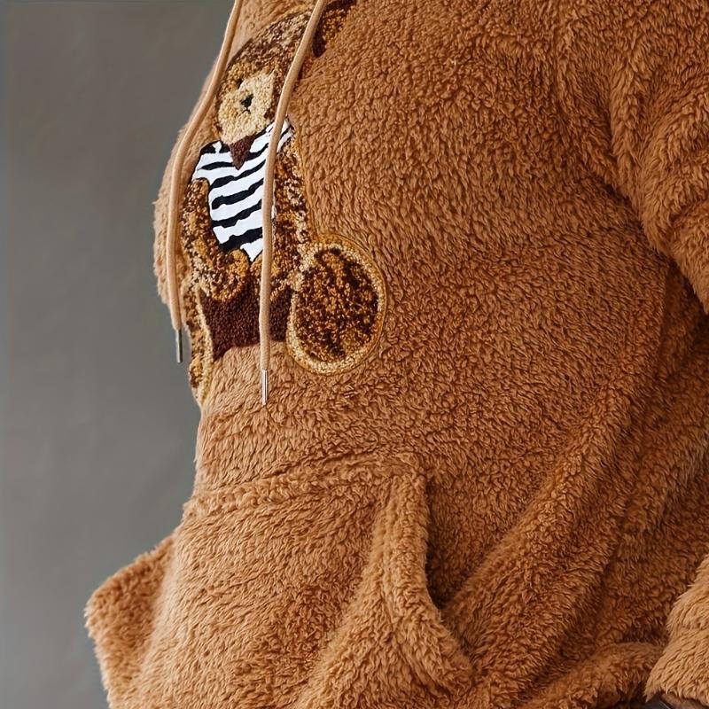 Men's Retro Casual Plush Bear Hooded Sweatshirt Two-Piece Set 86983179TO