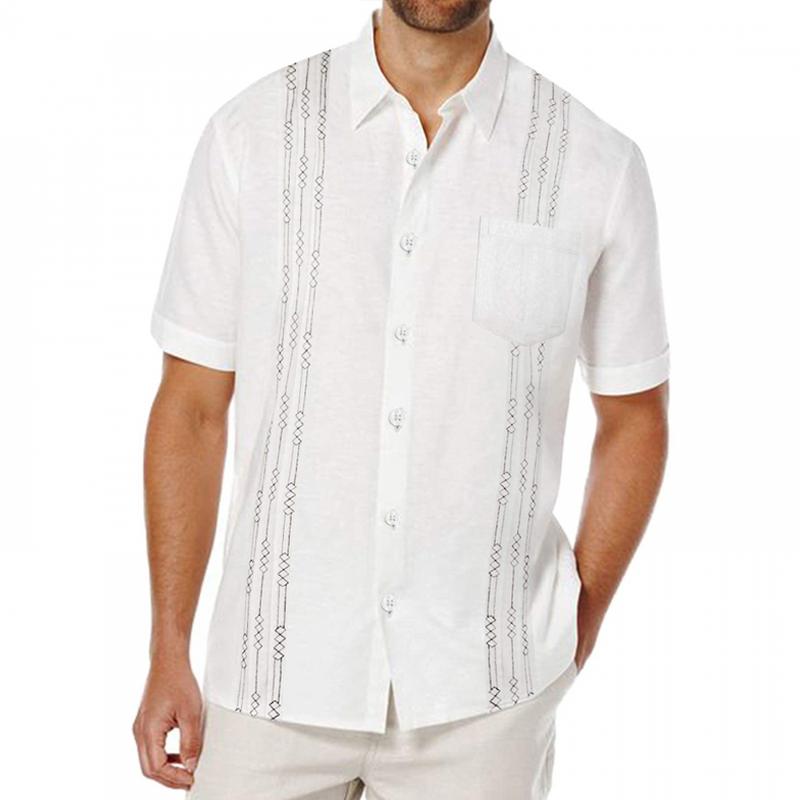 Men's Solid Cuban Beach Shirt Pocket Short Sleeve Linen Shirt 42802648Z