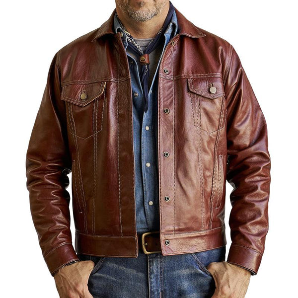 Men's Vintage Leather Lapel Chest Pocket Single Breasted Biker Jacket 33789740Z