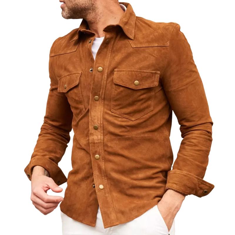 Men's Vintage Suede Patchwork Lapel Slim Fit Long Sleeve Shirt 97869681M