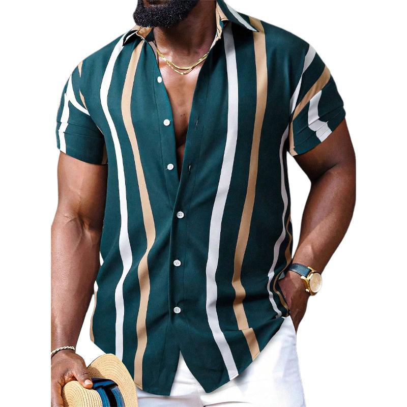 Men's Casual Striped Printed Lapel Short Sleeve Shirt 20632093Y