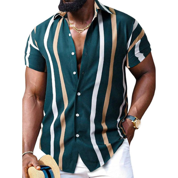 Men's Casual Striped Printed Lapel Short Sleeve Shirt 20632093Y